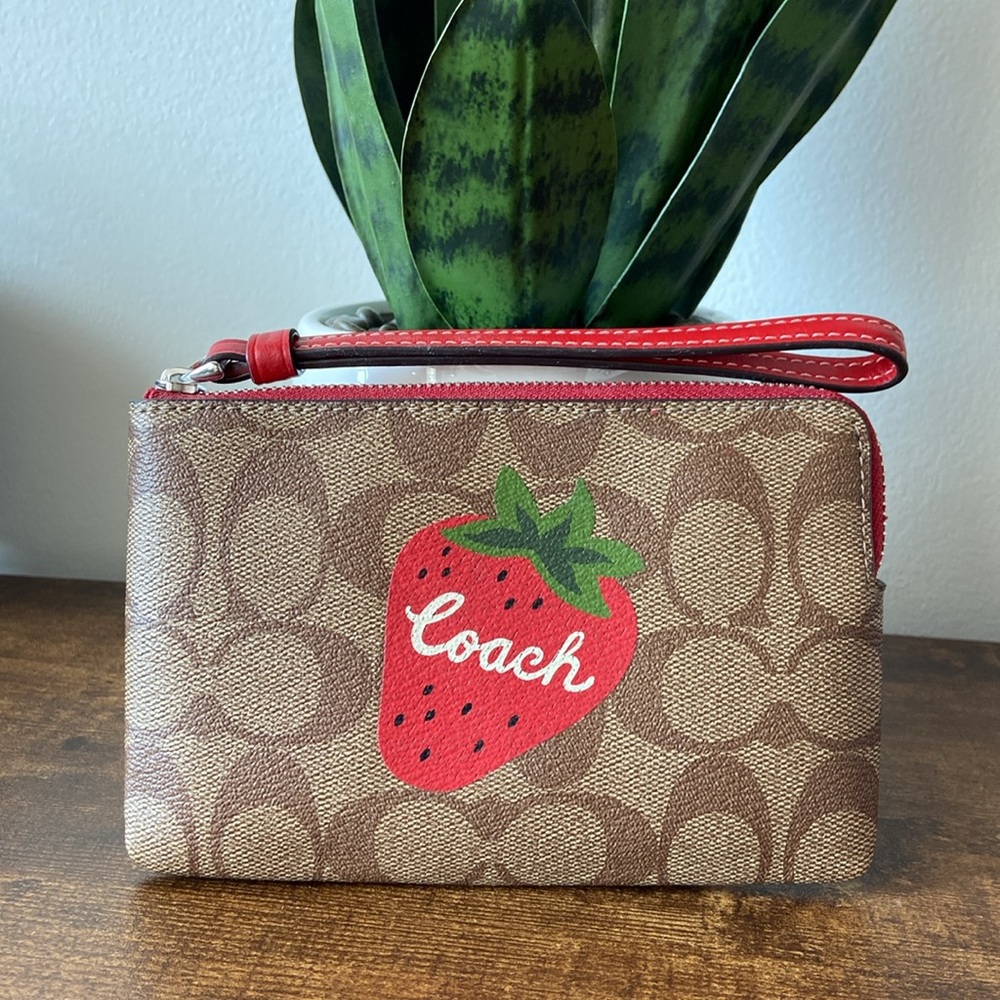 Coach Brown Wristlet with Strawberry Design NWOT